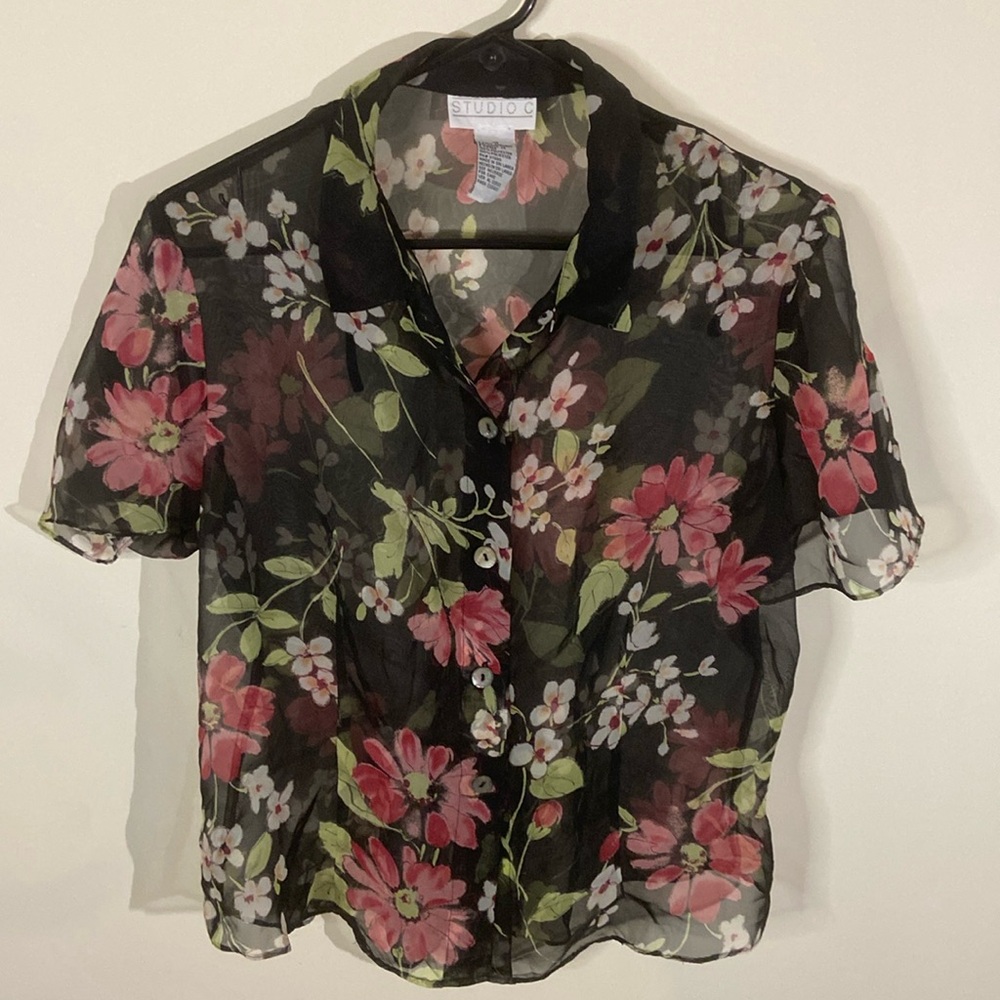Vintage Studio C Y2K Sheer Short Sleeve Black Floral Button Down Top Size 10